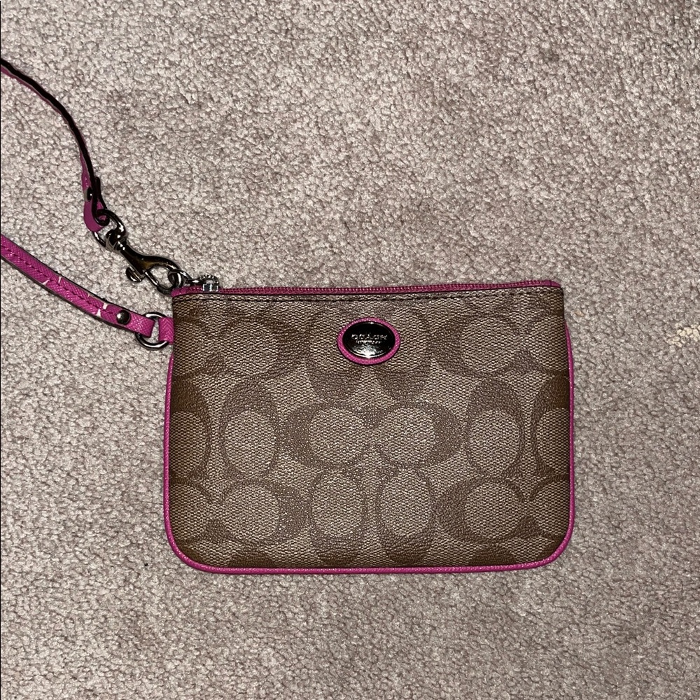 Coach Signature Brown and Pink Wristlet
